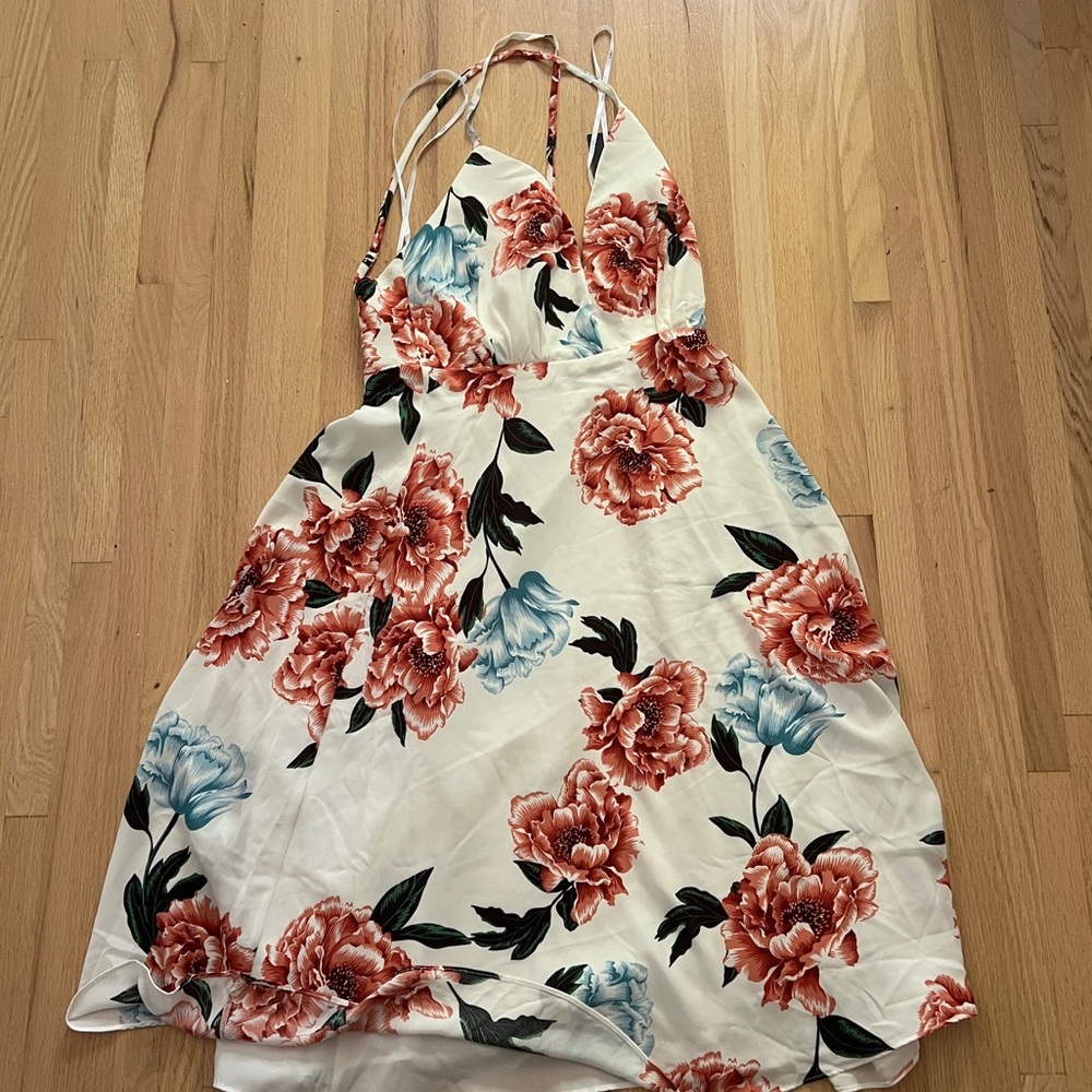 Midi White Floral Halter Dress with Red and Blue Flowers
